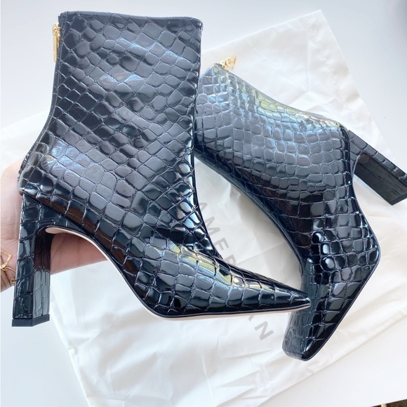 GOOD AMERICAN Black Croc Embossed Square Heel Boots NEW - Picture 4 of 10